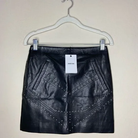 NWT Anine Bing Lamb Leather Mini Black Skirt Studded Size XS - Picture 6 of 14